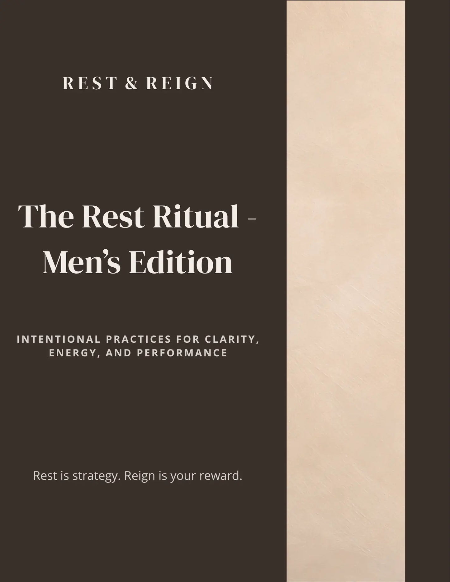 Book titled 'The Rest Ritual - Men's Edition' by Rest & Reign on a black and beige background.