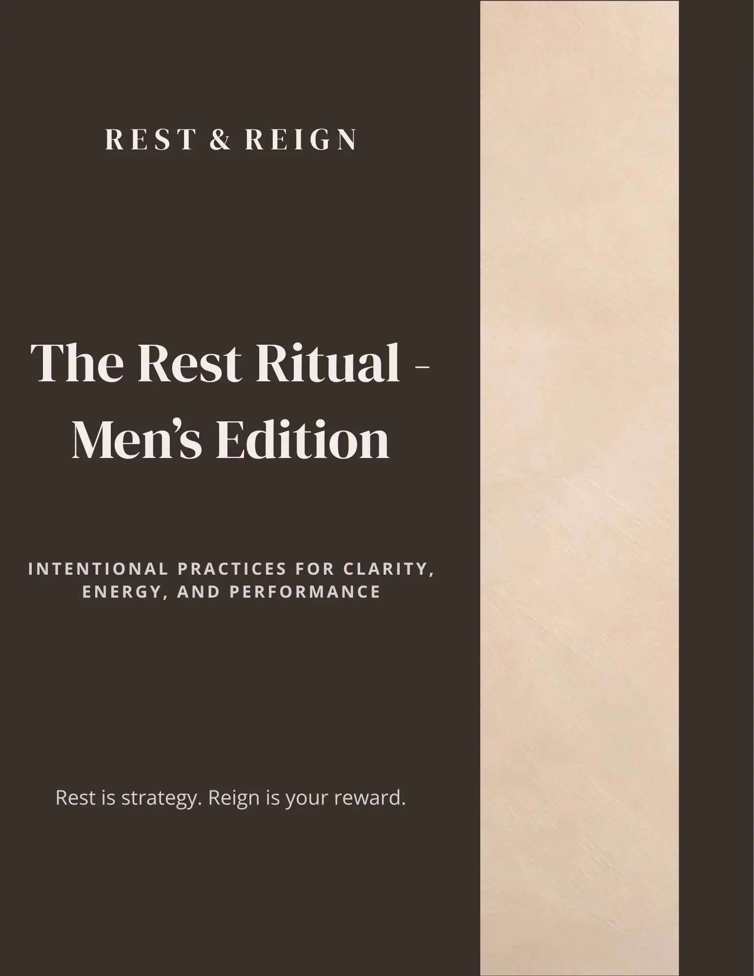 Book titled 'The Rest Ritual - Men's Edition' by Rest & Reign on a black and beige background.