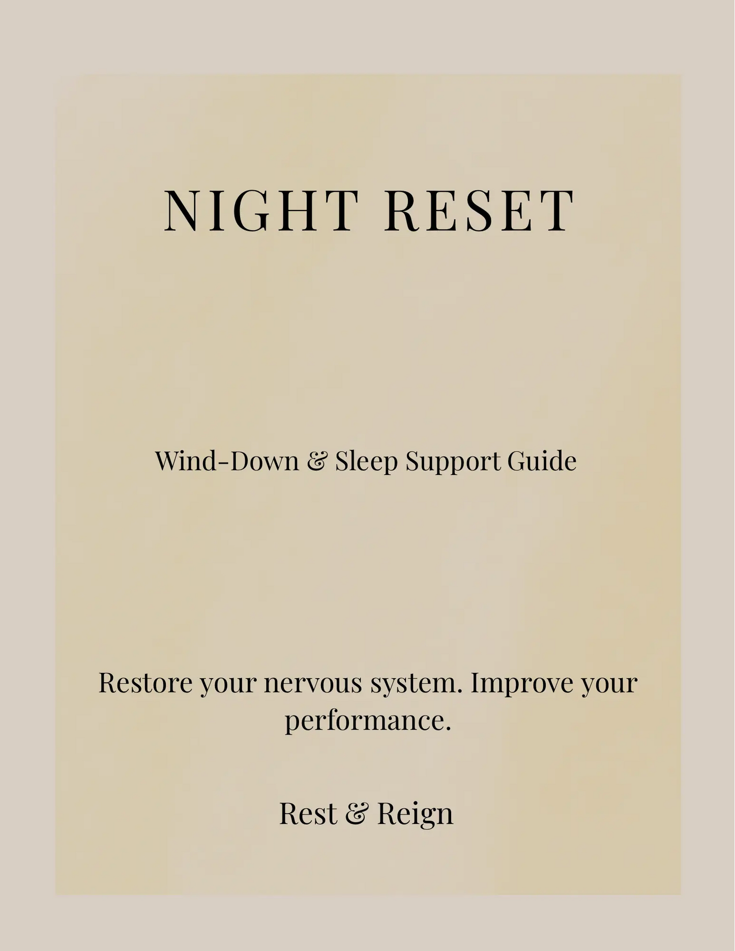 Cover of 'Night Reset' guide for wind-down and sleep support with 'Rest & Reign' branding.