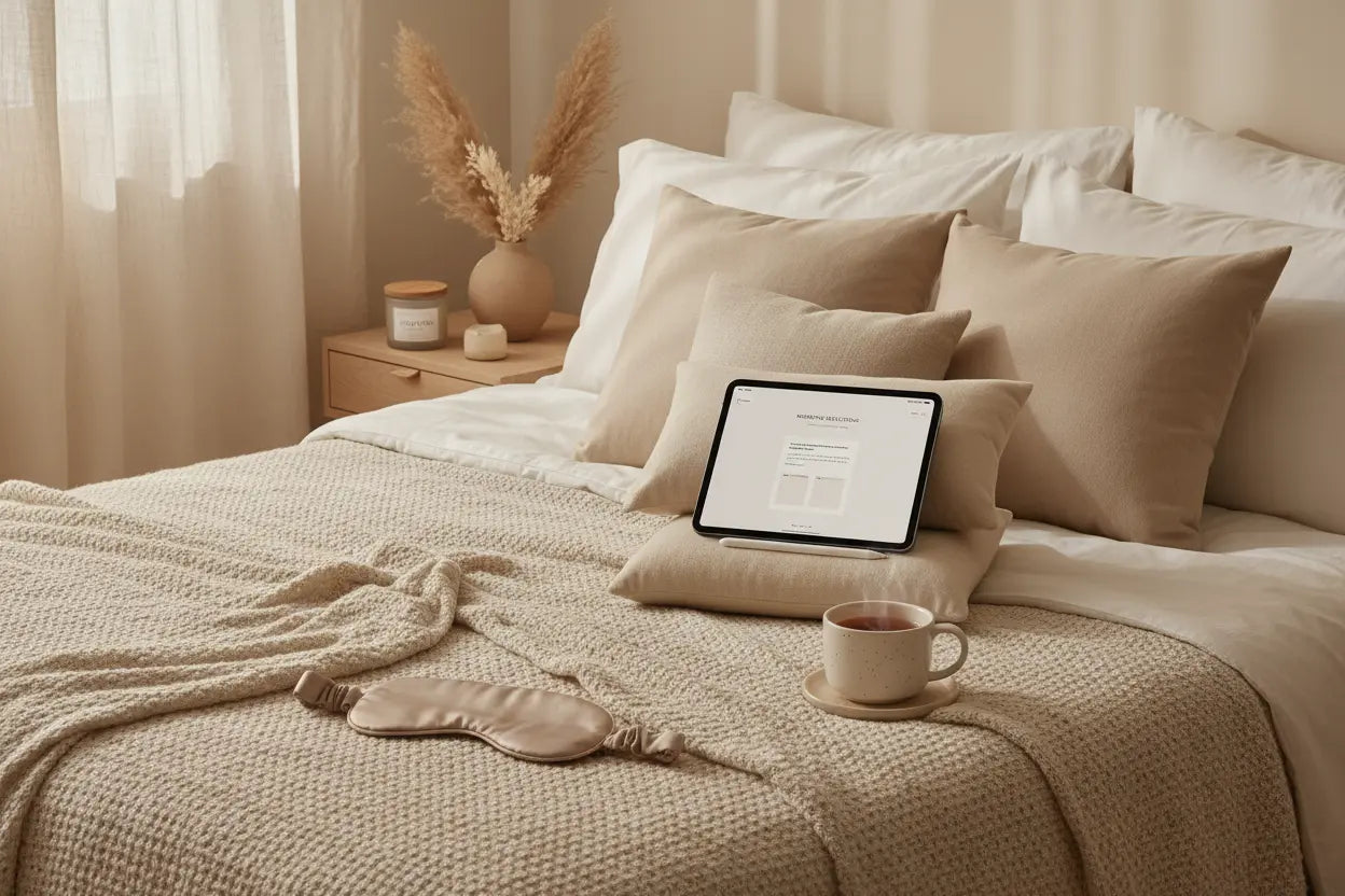 Cozy bedroom with a bed, laptop, mug, and eye mask on a neutral color scheme.